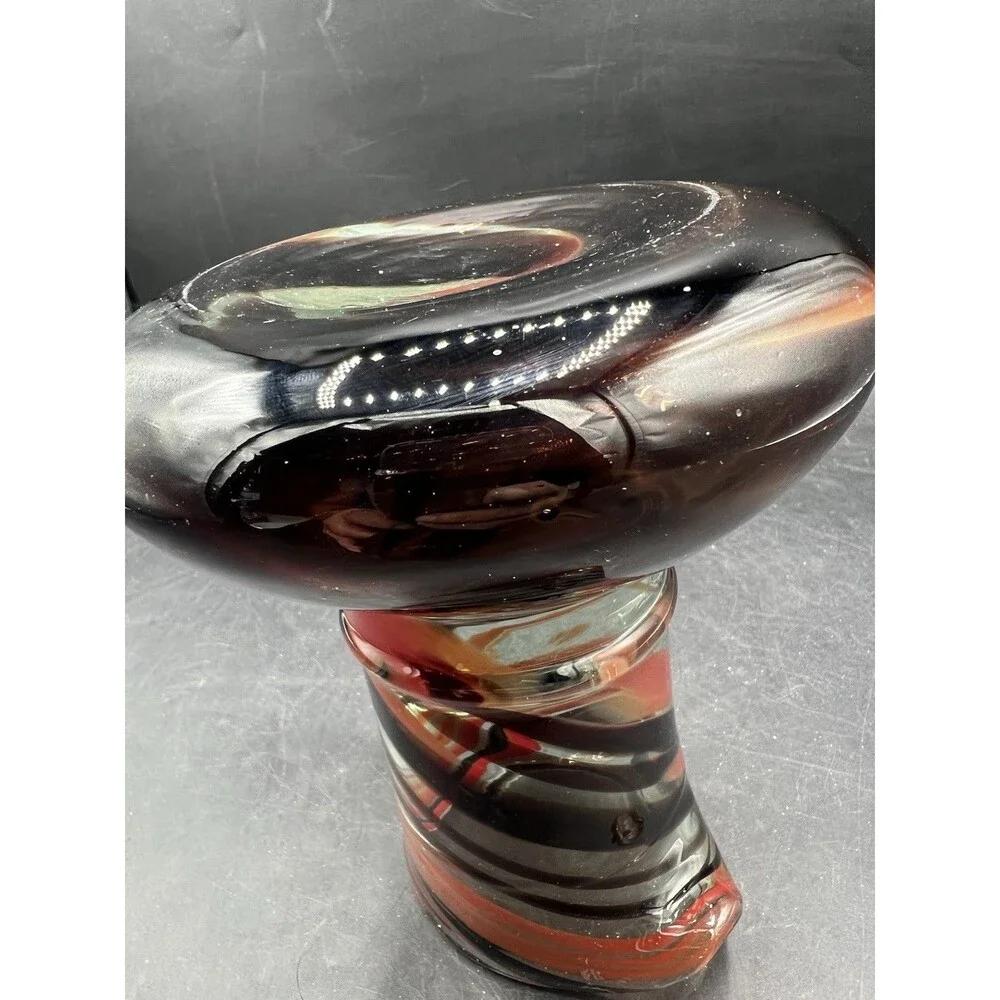 Hand Blown Art Glass Pitcher Amber Brown Swirl Applied Handle 6 1/8” Vase